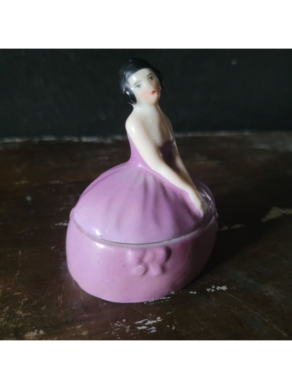 Antique Art Nouveau Woman Figure in Purple Dress Trinket Box, Ring Box, Vanity